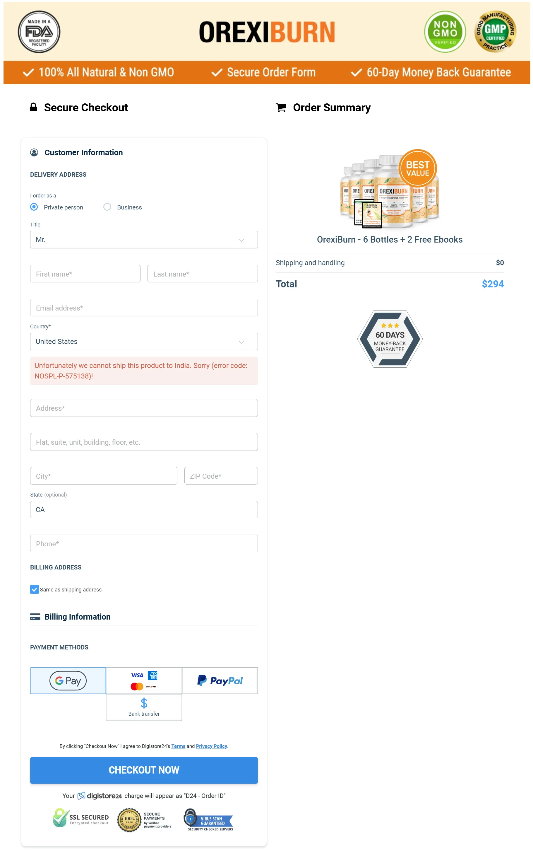 OrexiBurn checkout page